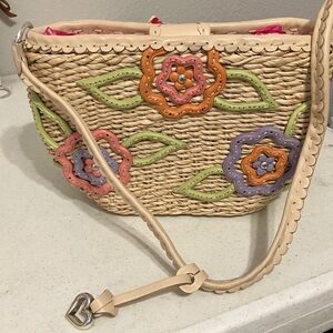 Brighton Tan Woven Shoulder Bag with Floral Accents